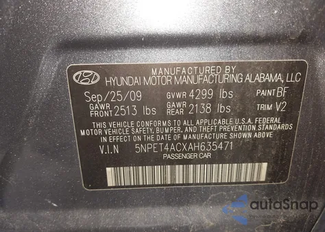 2010 Hyundai Sonata Gls z USA, uszkodzony, nr VIN 5NPET4ACXAH635471